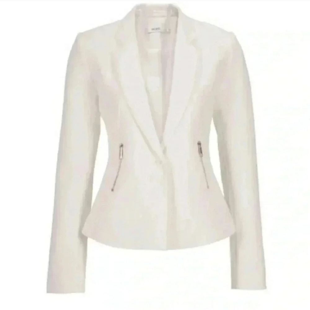 Ricki’s Ponte Knit White Blazer Tailored Fitted  Gold Zip Pockets Ivory Size 0